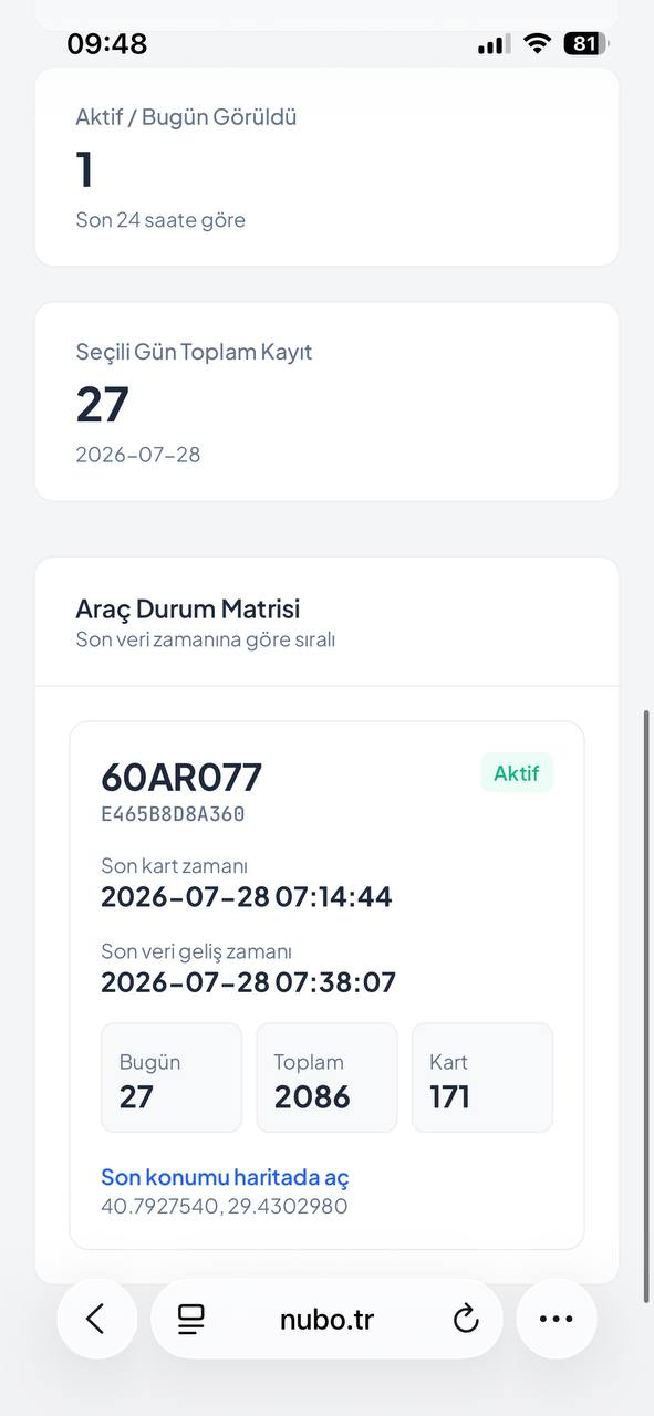 NUBO araç özet ekranı